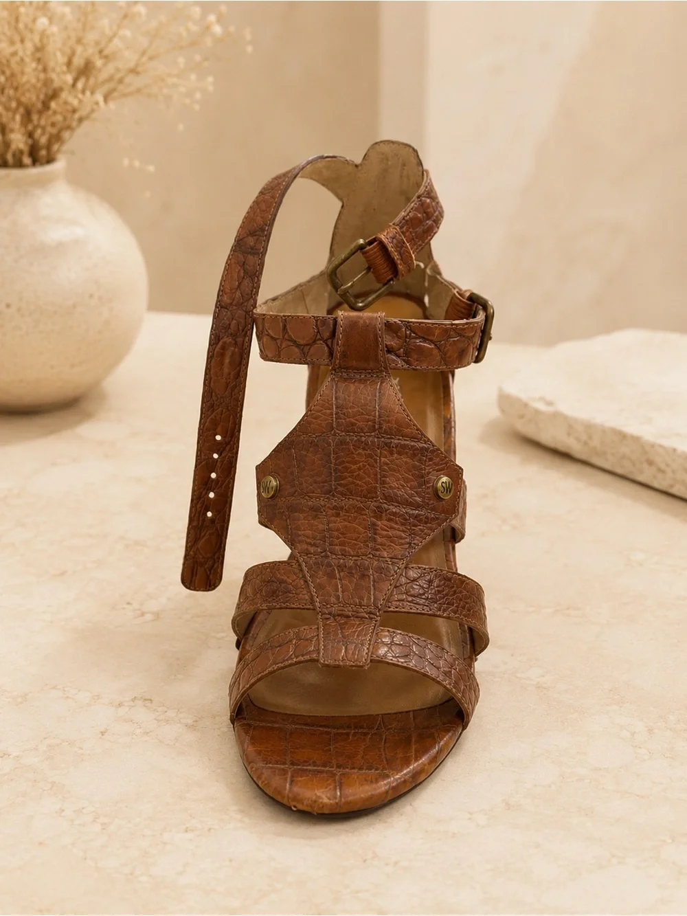 Stuart Weitzman Walnut Croco Leather Wedge Sandals 8.5M - Picture 3 of 9